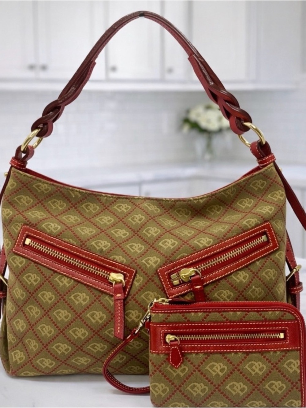 Dooney & Bourke DB Monogram Hobo + Matching Wristlet Set Red Trim